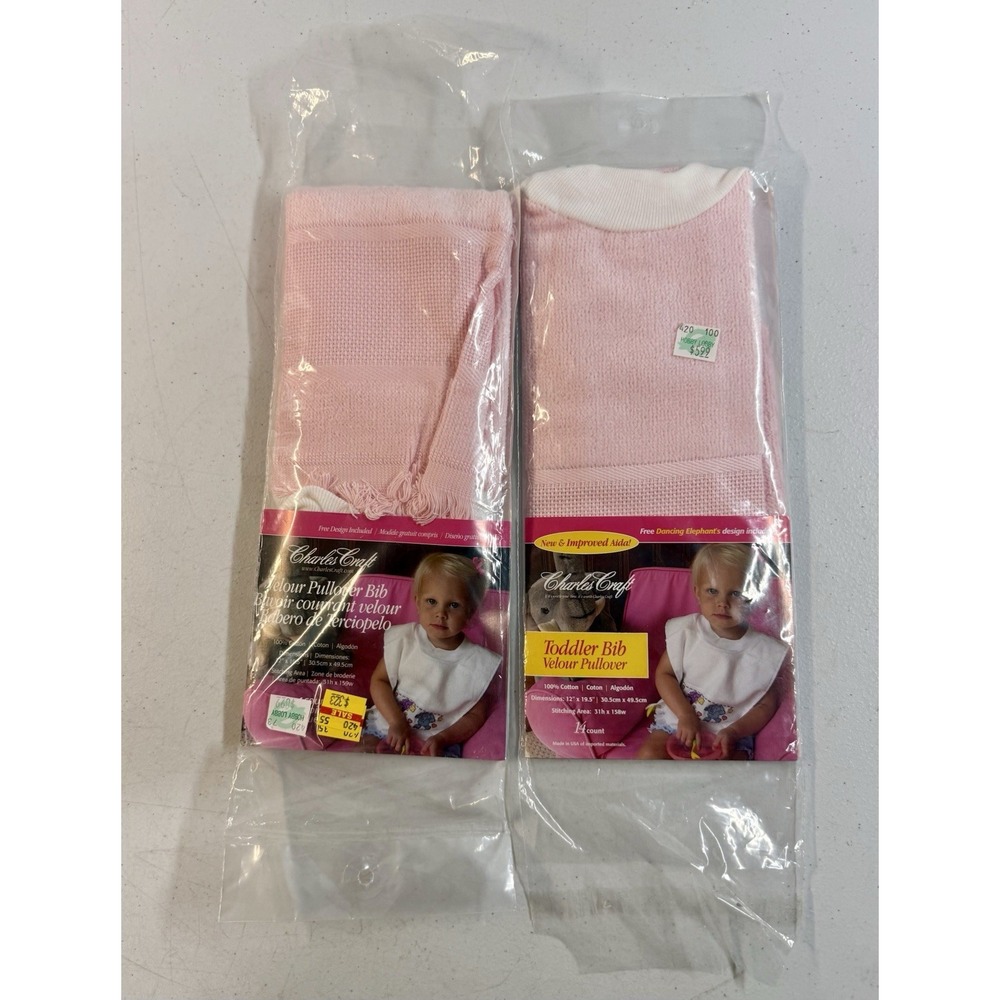 Charles Craft Pink Velour Set Of 2 Toddler Pullover Bib Dancing Elephants NEW